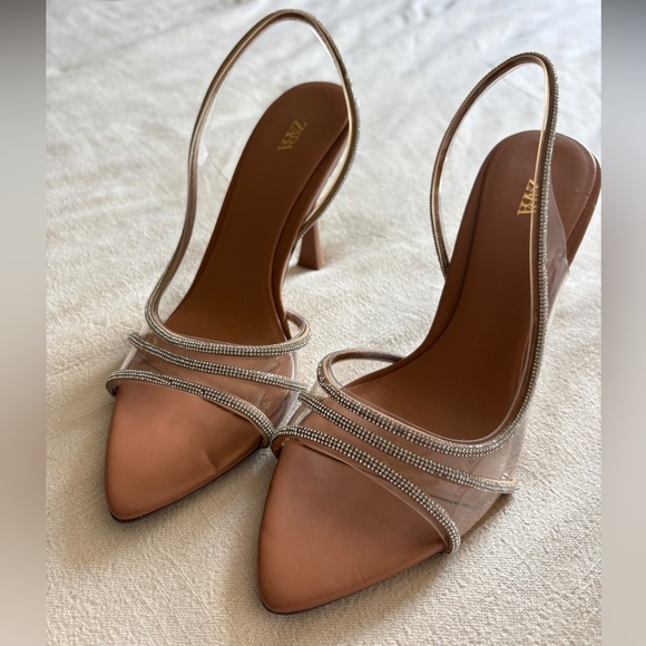 Zara Nude Slingback Heels with Rhinestone Detail - Picture 1 of 7